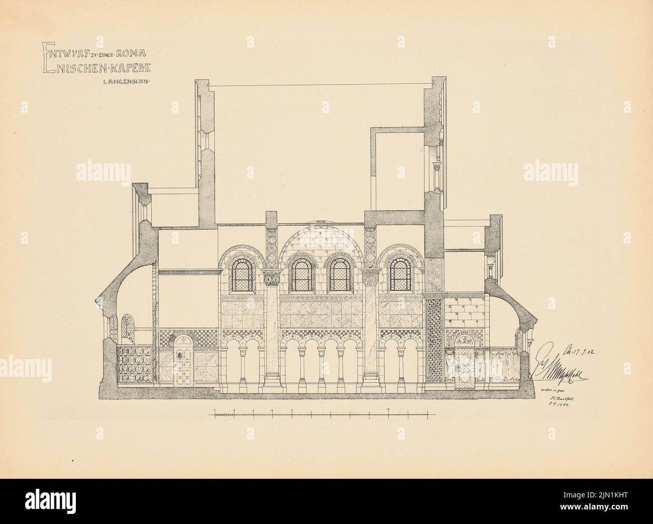 Bachfeld H., romanische Kapelle. (Aus: Drucke von Seminararbeiten der Königlichen Technischen Universität Berlin, Vol. III) (1902): Längsschnitt. Druck auf Papier, 23,8 x 32,5 cm (inklusive Scankanten) Bachfeld H. : romanische Kapelle. (Aus: Drucke von Seminararbeiten der Königlich Technischen Hochschule Berlin, Bd. III) Stockfoto