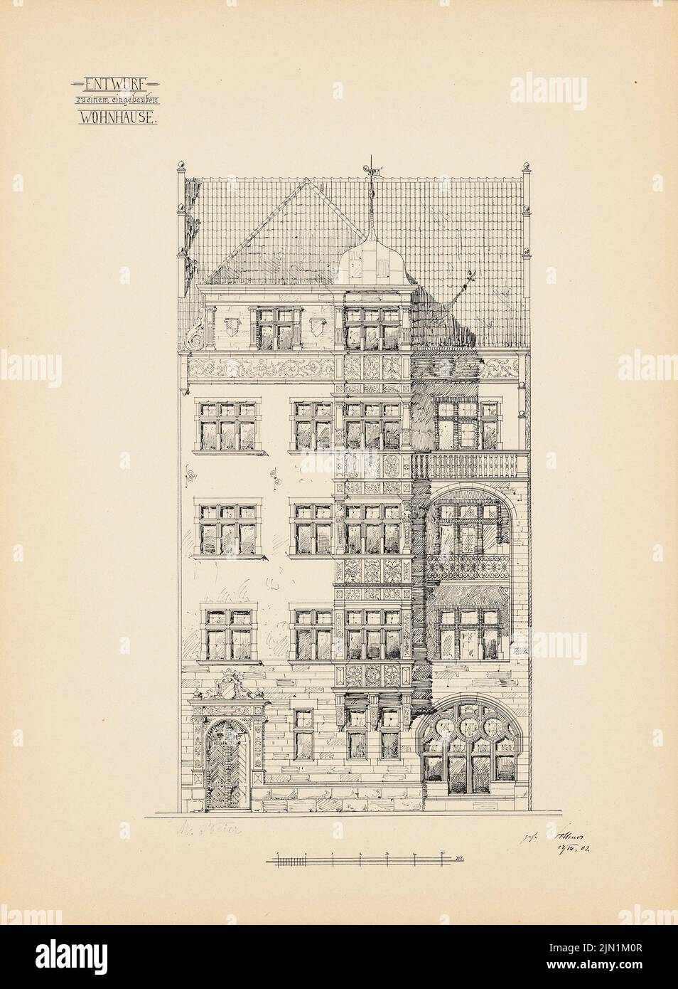 Beier M., Einfamilienhaus. (Aus: Drucke von Seminararbeiten der Königlichen Technischen Universität Berlin, Vol. III) (1902): Ansicht. Druck auf Papier, 32,4 x 23,8 cm (inklusive Scankanten) Beier M. : Eingebautes Wohnhaus. (Aus: Drucke von Seminararbeiten der Königlich Technischen Hochschule Berlin, Bd. III) Stockfoto