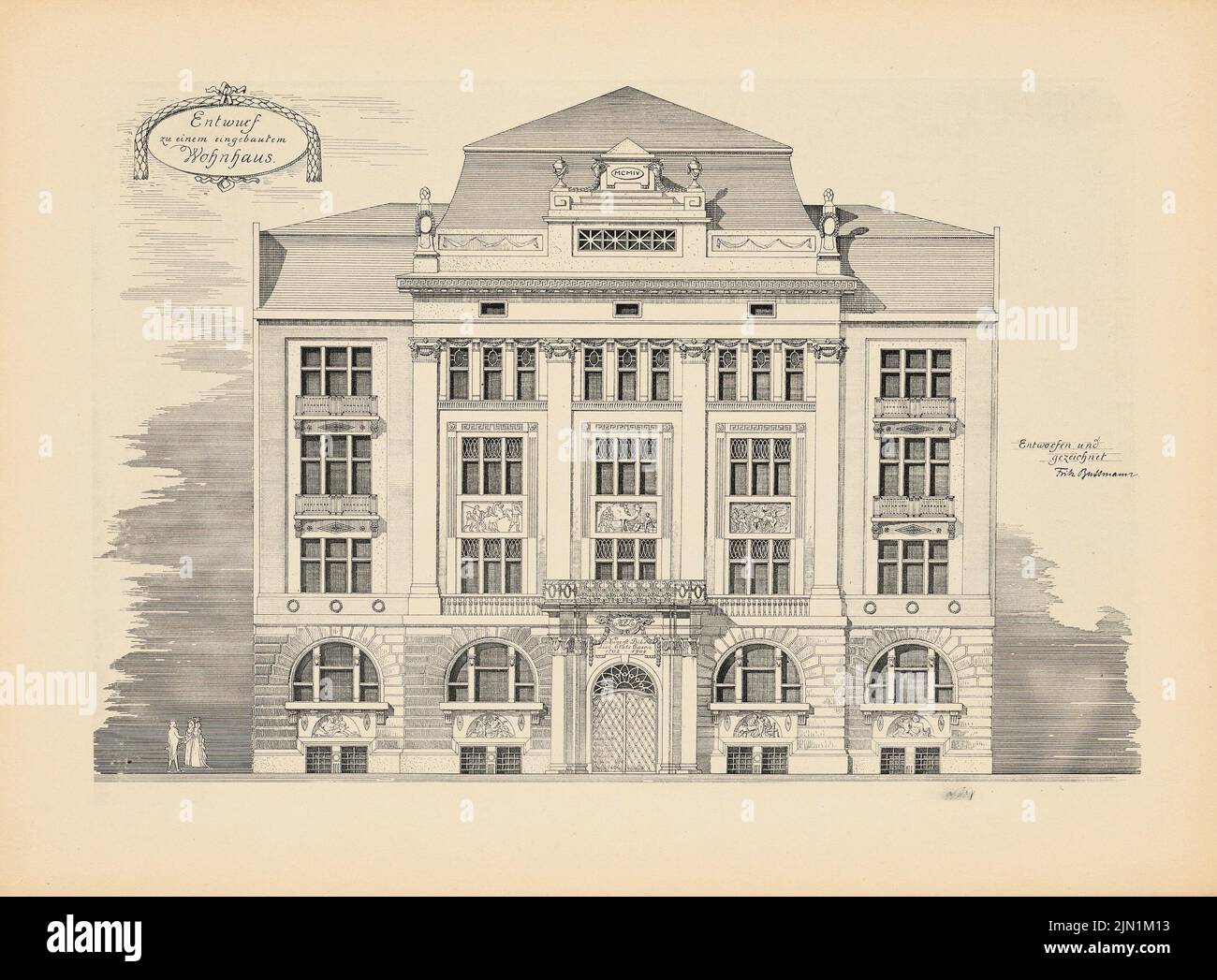 Buttmann Fritz, im Haus gebaut. (Aus: Drucke von Seminararbeiten der Königlichen Technischen Universität Berlin, Band III) (1898-1904): Ansicht. Druck auf Papier, 23,9 x 32,4 cm (inklusive Scankanten) Buttmann Fritz : Eingebautes Wohnhaus. (Aus: Drucke von Seminararbeiten der Königlich Technischen Hochschule Berlin, Bd. III) Stockfoto