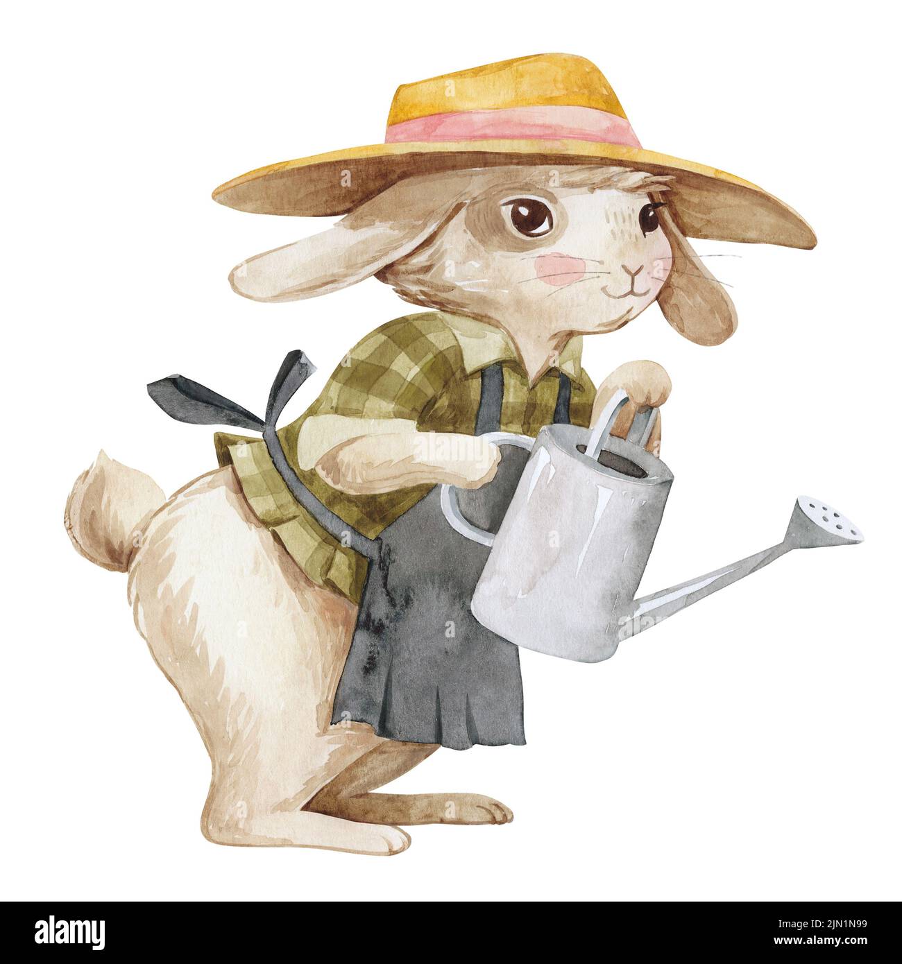 Aquarell Gärtner Kaninchen in einem Hut und Schürze und mit einer