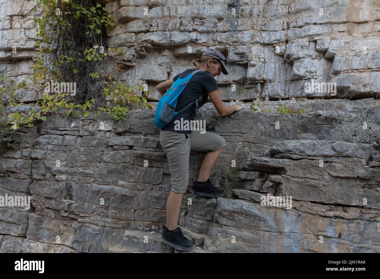 Junge Wandererin klettert in den Guadalupe-Bergen auf eine Wand Stockfoto