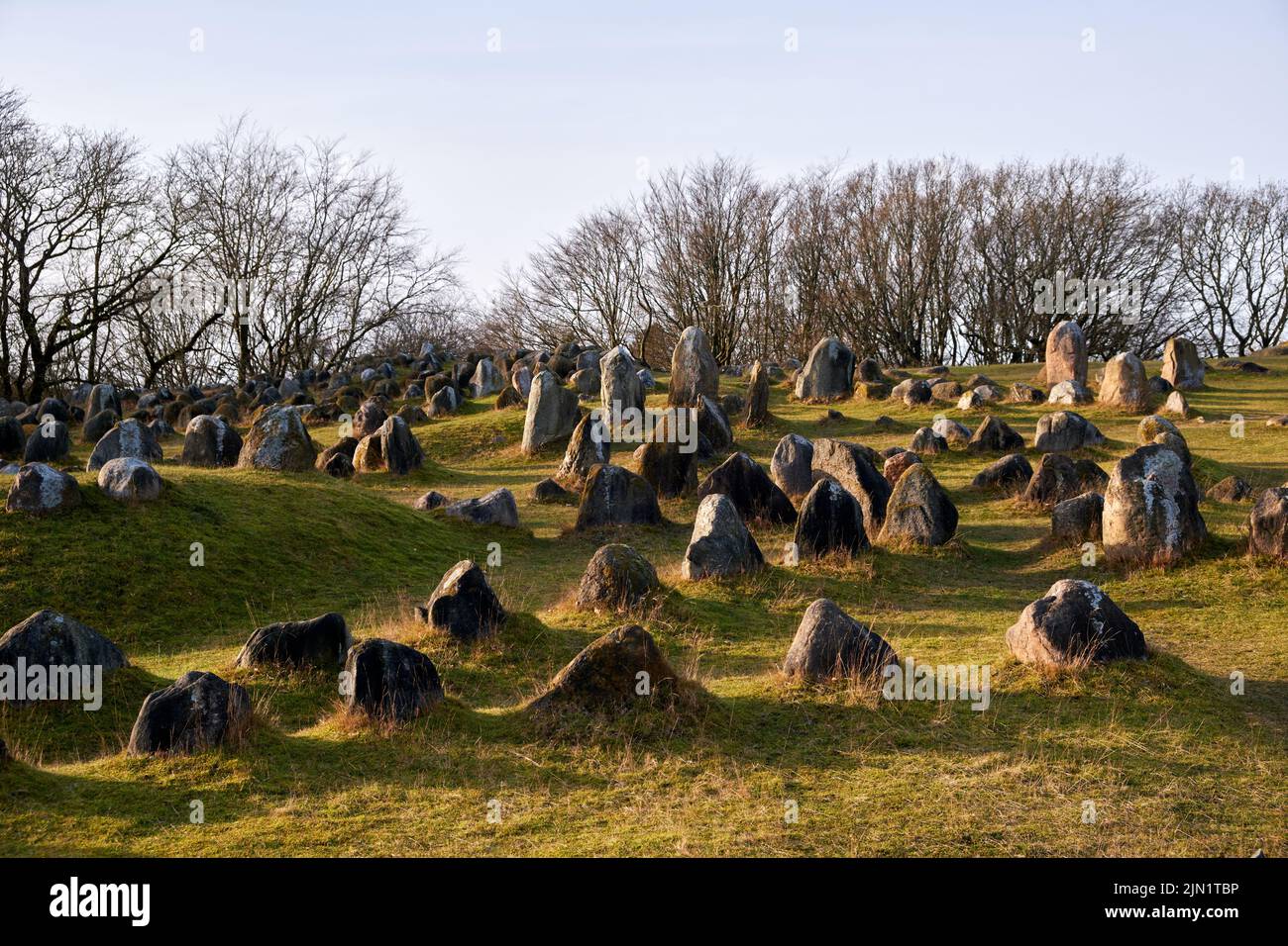 Antiker Wikingerfriedhof von Lindholm Hoje Stockfoto