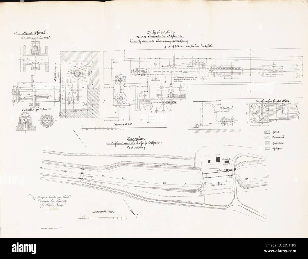 N.N., Schleuse, Wernsdorf (08,1889): Sicherheitsziel: Überwachung, Schnitte 1:10, Lageplan 1: 100. Lithographie auf Papier, 57 x 73,6 cm (einschließlich Scankanten) N.N. : Oder-Spree-Kanal. Schleuse, Wernsdorf Stockfoto