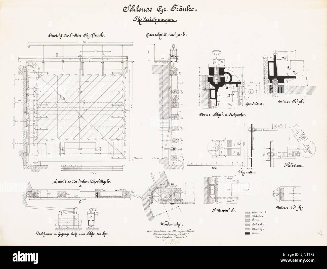 N.N., große Tränke, Fürstenwalde/Spree (07,1888): Ansicht, Grundriß, Schnitt, Details 1:25, 1:10. Lithographie auf Papier, 48,6 x 64,5 cm (einschließlich Scankanten) N.N. : Oder-Spree-Kanal. Schleuse Große Tränke, Fürstenwalde/Spree Stockfoto