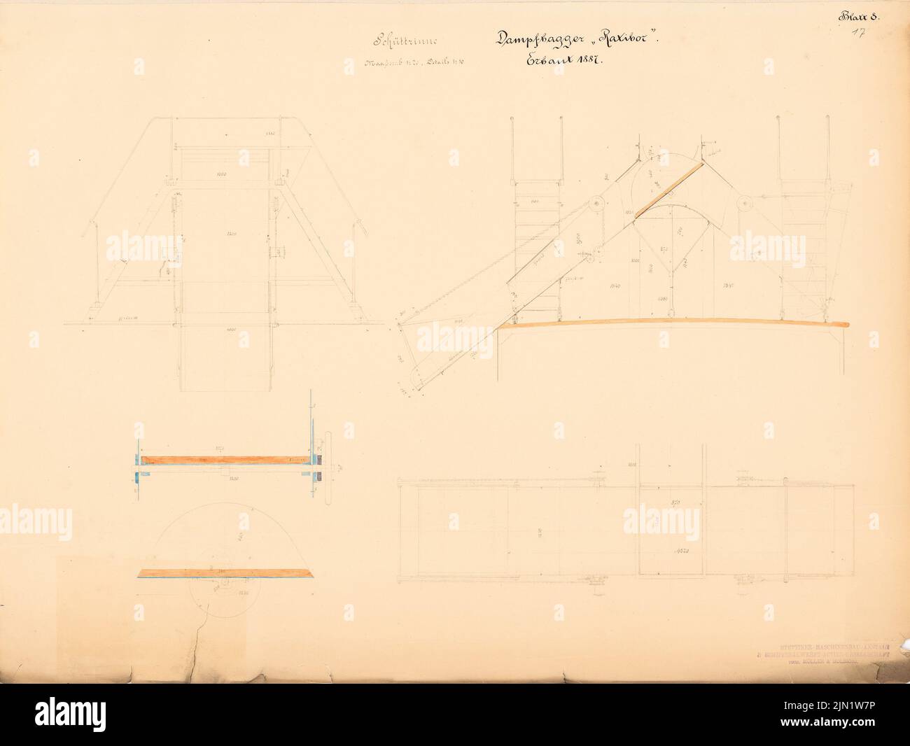 N.N., Dampfbagger »Ratibor« (1887-1887): Schütztrinne: Details 1:20, 1:10. Hellbruchfarben, wasserfarben auf Papier, 46,7 x 62,1 cm (einschließlich Scankanten) N.N. : Dampfbagger »Ratibor« Stockfoto