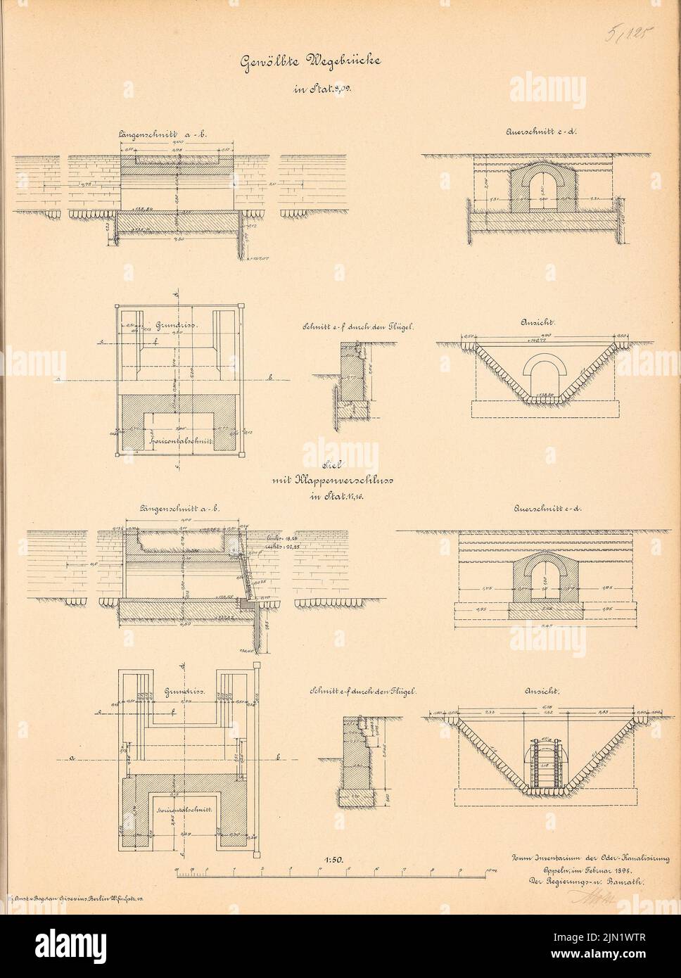 N.N., Kanalisierung der oder. Schleuse an der jüdischen Mündung, Riebnig: Wegenbrücke in Stat. 8,09, Siel mit Klappschloss in Stat. 11,16: Ansicht, Grundriß, Schnitte 1:50. Lithographie auf Papier, 64,5 x 48 cm (einschließlich Scankanten) N.N. : Kanalisierung der oder. Schleuse an der Neißemündung, Riebnig Stockfoto