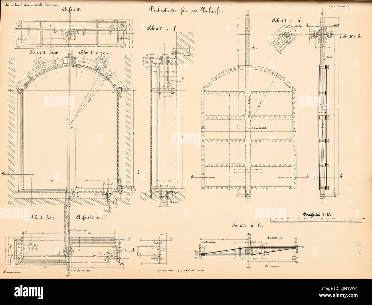 N.N., Schleuse am Mühlendamm, Berlin: Drehgewehre für die Runden: Ansicht, Schnitte 1:10. Lithographie auf Papier, 48,1 x 64,1 cm (einschließlich Scankanten) N.N. : Schleuse am Mühlendamm, Berlin Stockfoto