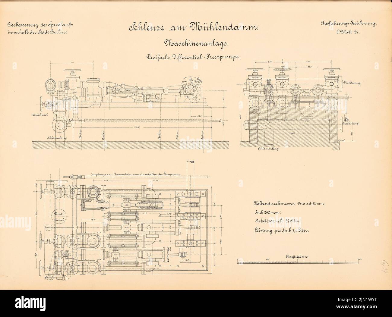 N.N., Schleuse am Mühlendamm, Berlin: Maschinensystem, Dreifach-Differentialpresse: Schnitt 1:10. Lithographie auf Papier, 47,7 x 64,5 cm (einschließlich Scankanten) N.N. : Schleuse am Mühlendamm, Berlin Stockfoto