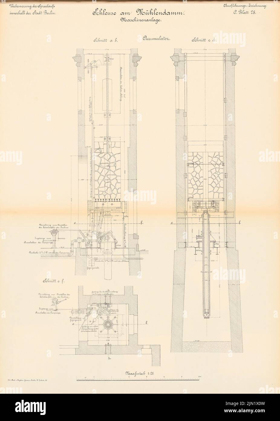 N.N., Schleuse am Mühlendamm, Berlin: Maschinensystem, Akkumulator: Schnitte 1:25. Lithographie auf Papier, 89,7 x 63,9 cm (einschließlich Scankanten) N.N. : Schleuse am Mühlendamm, Berlin Stockfoto