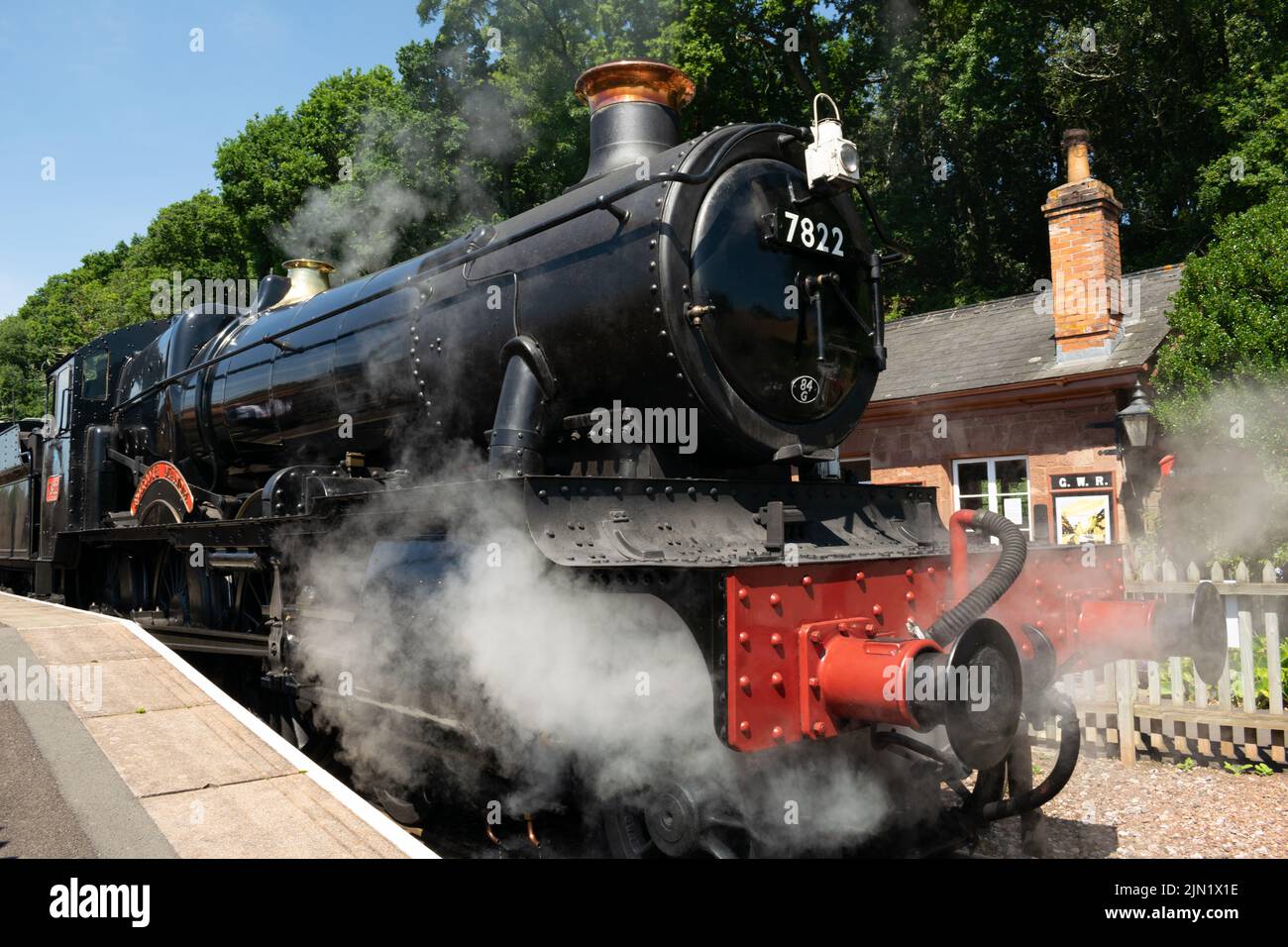 Foxcote Manor Dampfzug in Dampf am Bahnhof Stogumber. Great Western Railway GWR. Somerset UK Stockfoto