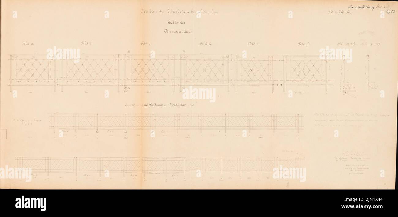 N.N., Weserbrücke, Hameln: Oberwasserbrücke: Anordnung der Geländer 1:20. Leichter Bruch auf Papier, 63,4 x 132,8 cm (einschließlich Scankanten) N.N. : Kettenbrücke, Hameln Stockfoto