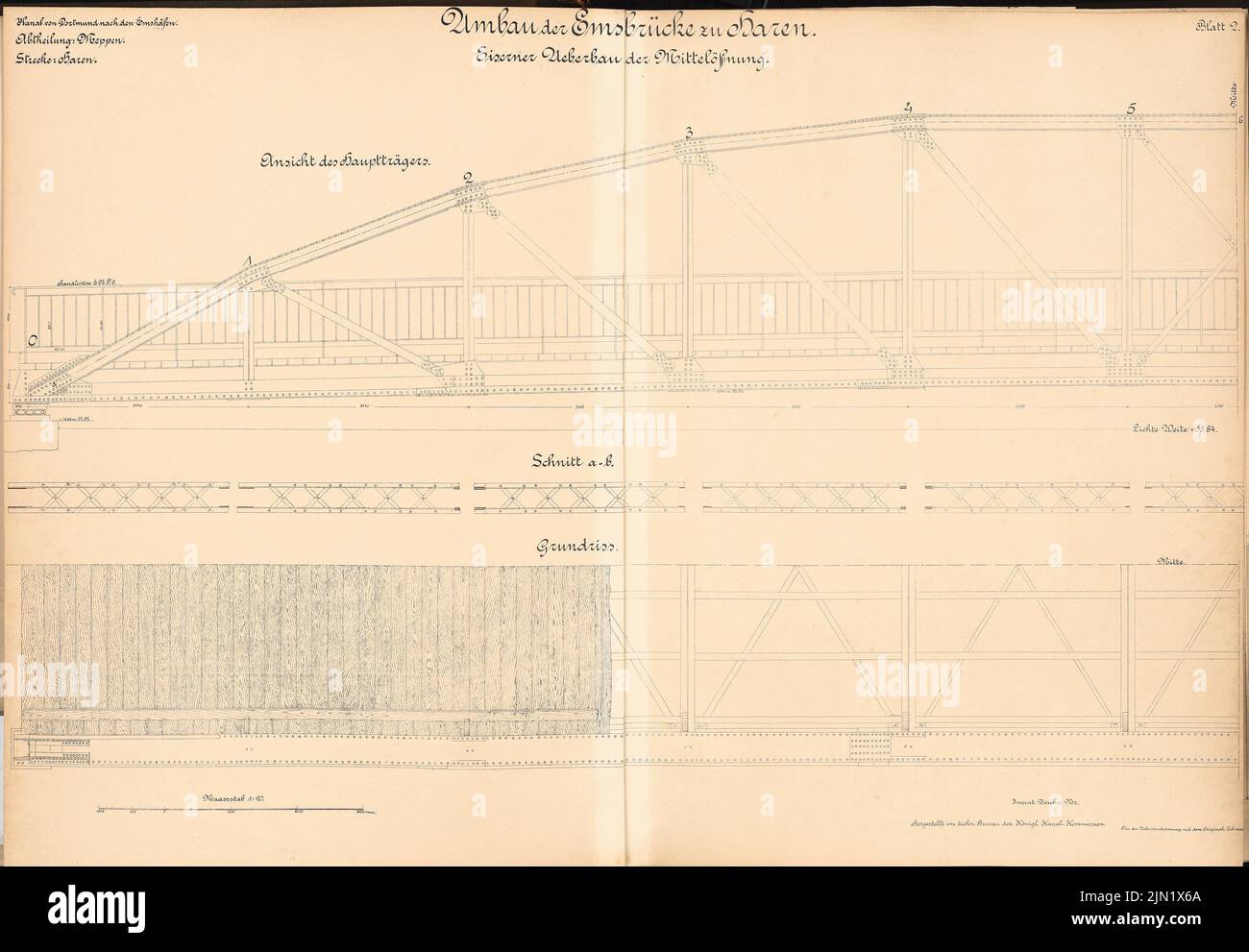 N.N., Dortmund-Ems-Kanal. Brücke über die Ems, Haren/Ems. Umbau: Eisenüberbau der mittleren Öffnung: Ansicht, Grundriß, Schnitt 1:20. Lithographie auf Papier, 65,6 x 94,6 cm (einschließlich Scankanten) N.N. : Dortmund-Ems-Kanal. Brücke über die Ems, Haren/Ems. Umbau Stockfoto