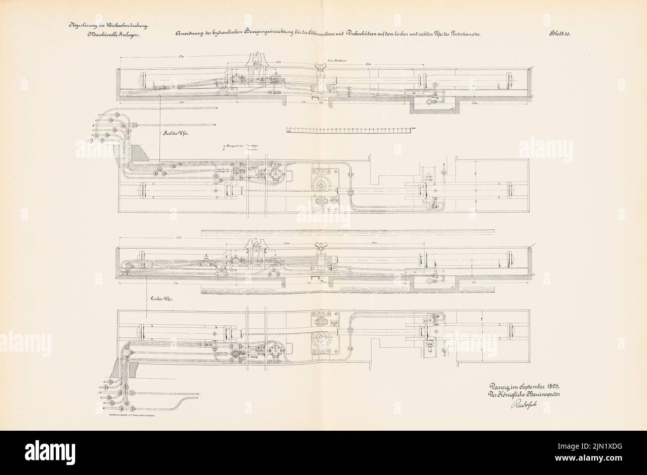 N.N., Regulierung der Weichselmündung: Hydraulische Bewegungseinrichtungen für Schleusentore: Schnitte. Lithographie auf Papier, 61,5 x 92,4 cm (einschließlich Scankanten) N.N. : Regulierung der Weichselmündung Stockfoto