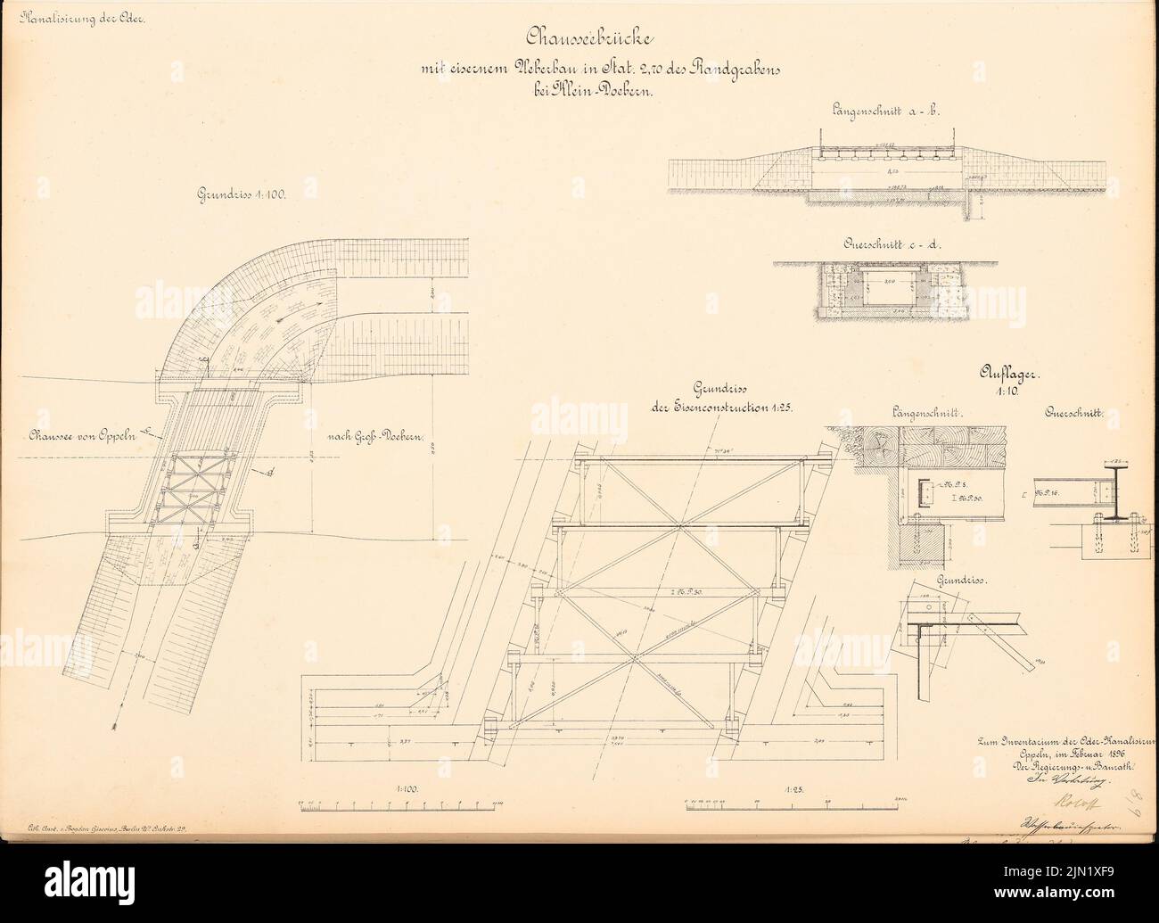 N.N., Kanalisierung der oder. Chaussebrücke, Small-Döbern: Brücke mit eisernem Überbau in Stat. 2,70 des Randgrabes: Grundrisse, Schnitte 1: 100, 1:25, 1:10. Lithographie auf Papier, 47,8 x 65,7 cm (einschließlich Scankanten) N.N. : Kanalisierung der oder. Chausseebrücke, Klein-Döbern Stockfoto