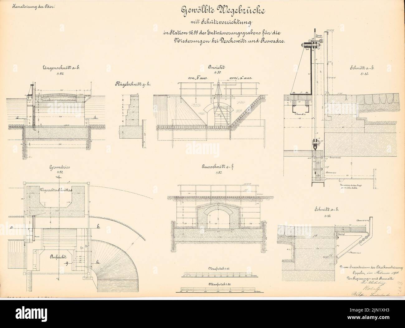 N.N., Kanalisierung der oder. Gebäude des Abflussgrabens, Deschowitz-Roswadze: Wegenbrücke in Stat. 16,88: Ansicht, Aufsicht, Grundriß, Schnitte 1:50, 1:10. Lithographie auf Papier, 47,7 x 64,3 cm (einschließlich Scankanten) N.N. : Kanalisierung der oder. Bauwerke des Entwursserungsgrabens, Deschowitz-Roswadze Stockfoto