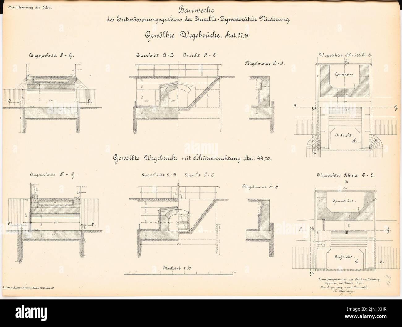 N.N., Kanalisierung der oder. Drainage Grabbauten, Zuzella-Zywodczütz: Brücken in stat. 37,75 und 44,70: Ansichten, Aufsicht, Grundrisse, Schnitte 1:50. Lithographie auf Papier, 48,5 x 65,2 cm (einschließlich Scankanten) N.N. : Kanalisierung der oder. Bauwerke des Entwurfsgrabens, Zuzella-Zywodczütz Stockfoto