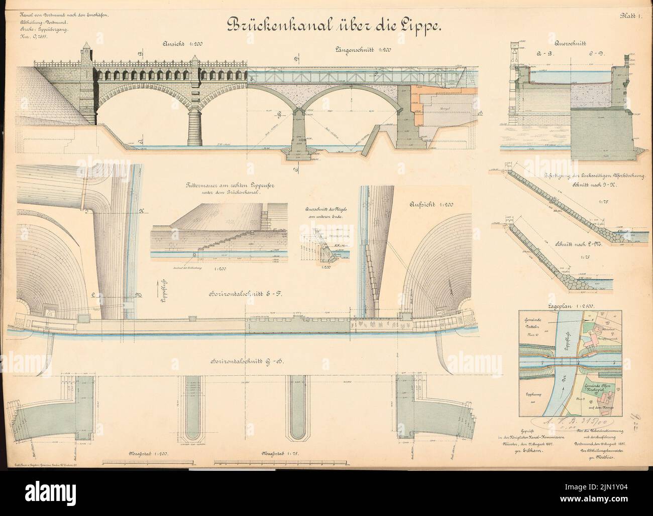 N.N., Dortmund-Ems-Kanal. Kanalbrücke über die Lippe, Termine: Lageplan 1: 2500, Ansicht, Schnitte 1: 200, 1:75. Lithographie auf Papier, 51,5 x 71,2 cm (einschließlich Scankanten) N.N. : Dortmund-Ems-Kanal. Brückenkanal über die Lippe, Datteln Stockfoto