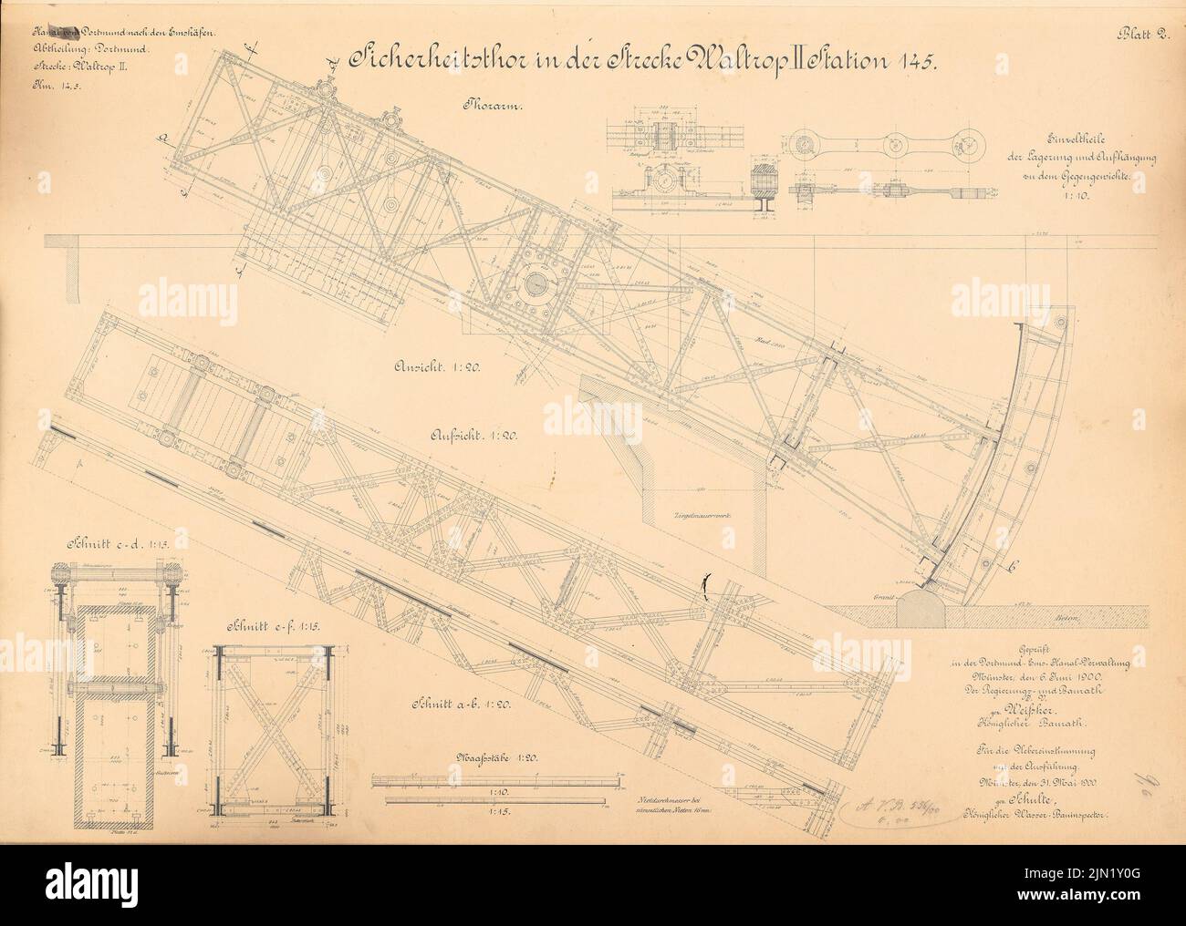 N.N., Dortmund-Ems-Kanal. Sicherheitsziel, Waltrop: Stat. 145: Ansicht, Überwachung 1:20, Schnitte 1:15, Details 1:10. Lithographie auf Papier, 50,3 x 70,6 cm (einschließlich Scankanten) N.N. : Dortmund-Ems-Kanal. Sicherheitstor, Waltrop Stockfoto