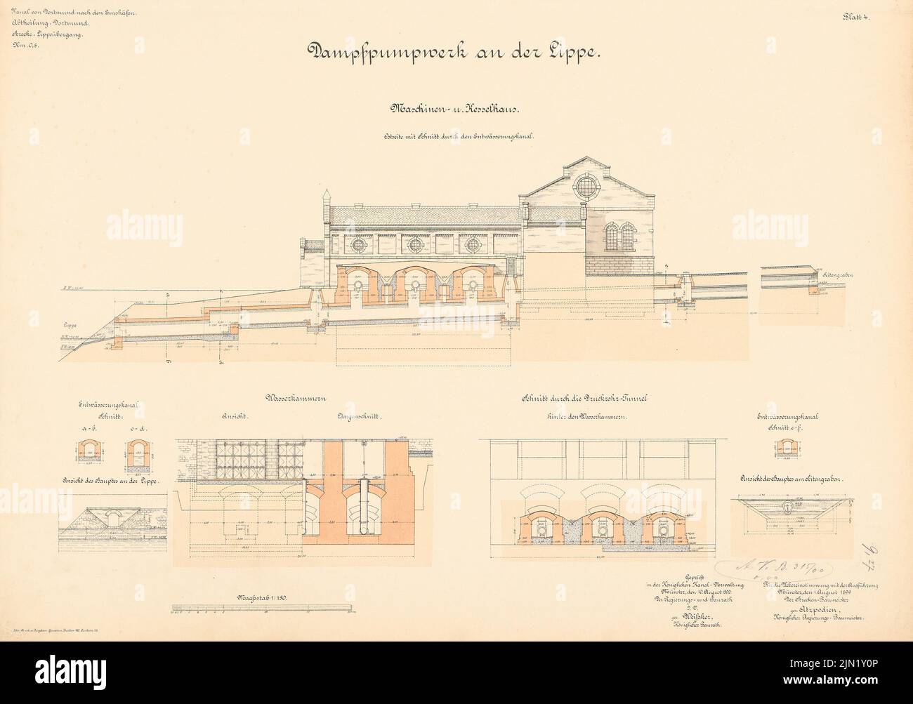 N.N., Dortmund-Ems-Kanal. Dampfpumpen auf der Lippe, Termine: Maschinen- und Kesselhaus: Ansichten, Schnitte 1: 150. Lithographie auf Papier, 49,5 x 70,4 cm (einschließlich Scankanten) N.N. : Dortmund-Ems-Kanal. Dampfpumpwerk an der Lippe, Datteln Stockfoto