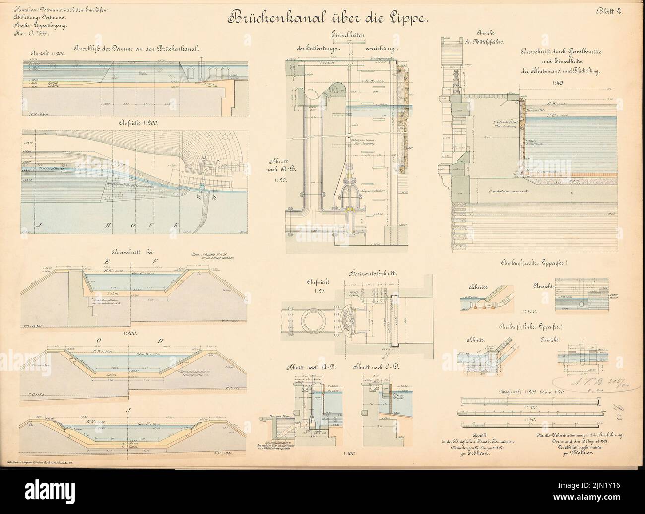 N.N., Dortmund-Ems-Kanal. Kanalbrücke über die Lippe, Daten: Überwachung, Ansicht, Schnitte, Details 1: 200, 1: 100, 1:40, 1:20. Lithographie auf Papier, 50,9 x 69,9 cm (einschließlich Scankanten) N.N. : Dortmund-Ems-Kanal. Brückenkanal über die Lippe, Datteln Stockfoto