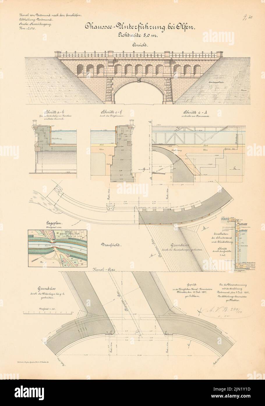 N.N., Dortmund-Ems-Kanal. Chaussee-Unterführung, Olfen: Lageplan 1: 2500, Ansicht, Grundrisse, Schnitte 1: 100, 1:40. Lithographie auf Papier, 70,7 x 49,5 cm (einschließlich Scankanten) N.N. : Dortmund-Ems-Kanal. Chausseeunterführung, Olfen Stockfoto