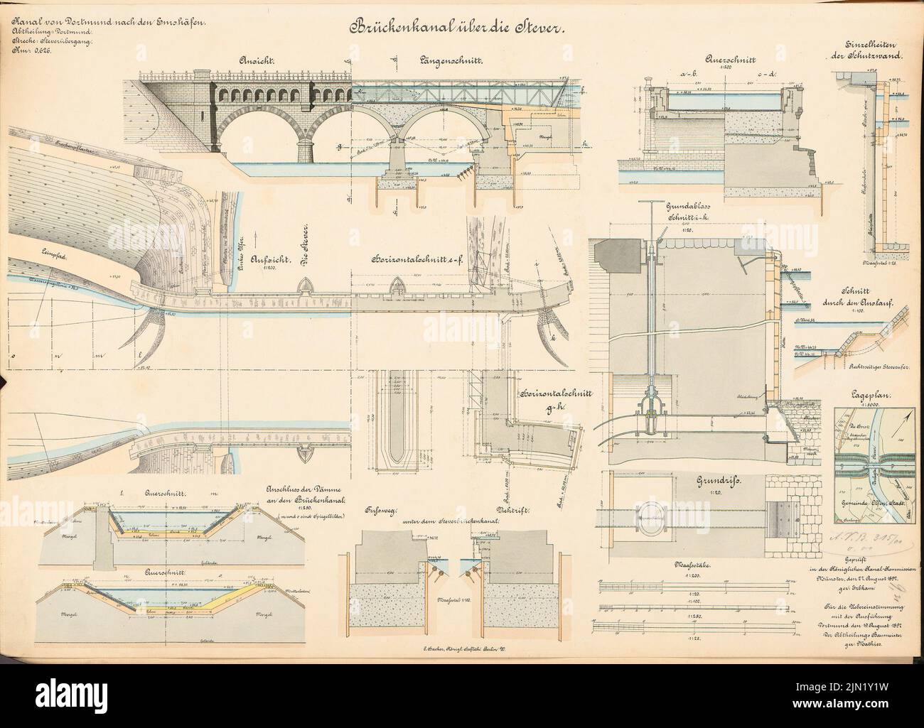 N.N., Dortmund-Ems-Kanal. Kanalbrücke über den Stever, Daldrup: Lageplan 1: 5000, Schnitte 1: 250, 1: 200, 1: 100, 1:25, 1:20 Uhr. Lithographie auf Papier, 50,9 x 70,8 cm (einschließlich Scankanten) N.N. : Dortmund-Ems-Kanal. Kanalbrücke über die Stever, Daldrup Stockfoto