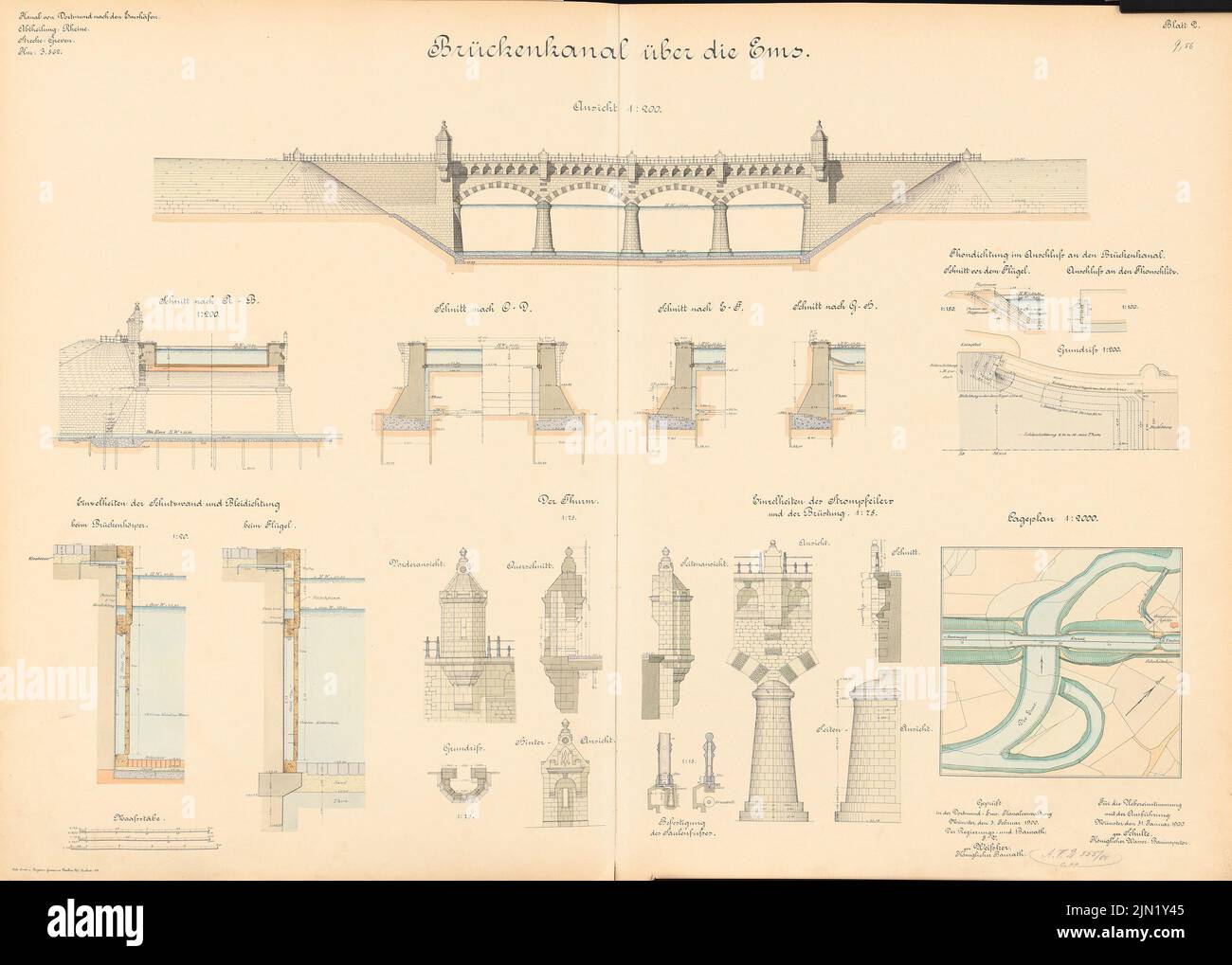 N.N., Dortmund-Ems-Kanal. Brückenkanal über die Ems, Greven: Lageplan 1: 2000, Ansicht, Schnitte, Details 1: 200, 1: 150, 1:75, 1:20, 1:15. Lithographie auf Papier, 70,7 x 98,9 cm (einschließlich Scankanten) N.N. : Dortmund-Ems-Kanal. Brückenkanal über die Ems, Greven Stockfoto