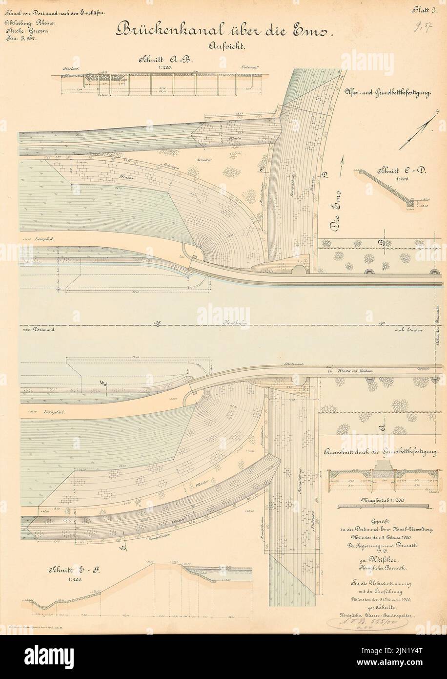 N.N., Dortmund-Ems-Kanal. Brückenkanal über die Ems, Greven: Überwachung, Schnitte 1: 200. Lithographie auf Papier, 70,1 x 49,4 cm (einschließlich Scankanten) N.N. : Dortmund-Ems-Kanal. Brückenkanal über die Ems, Greven Stockfoto