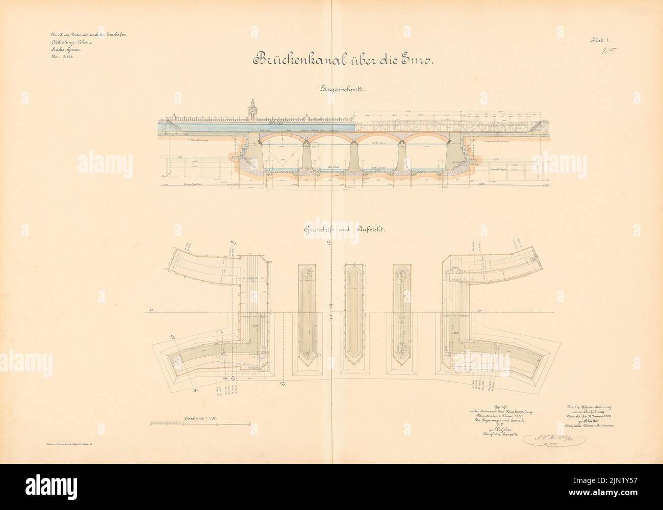 N.N., Dortmund-Ems-Kanal. Brückenkanal über die Ems, Greven: Aufsicht, Grundriß, Schnitt 1: 200. Lithographie auf Papier, 69,5 x 99,1 cm (einschließlich Scankanten) N.N. : Dortmund-Ems-Kanal. Brückenkanal über die Ems, Greven Stockfoto