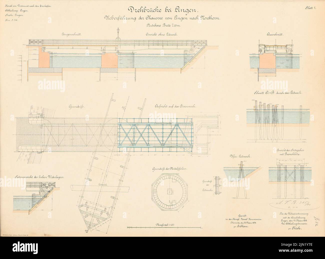 N.N., Dortmund-Ems-Kanal. Laufbrücke, Lingen: Chaussee Lingen-Nordhorn: Ansichten, Überwachung, Grundriß, Schnitte, Details 1: 100. Lithographie auf Papier, 50 x 68,5 cm (einschließlich Scankanten) N.N. : Dortmund-Ems-Kanal. Drehbrücke, Lingen Stockfoto