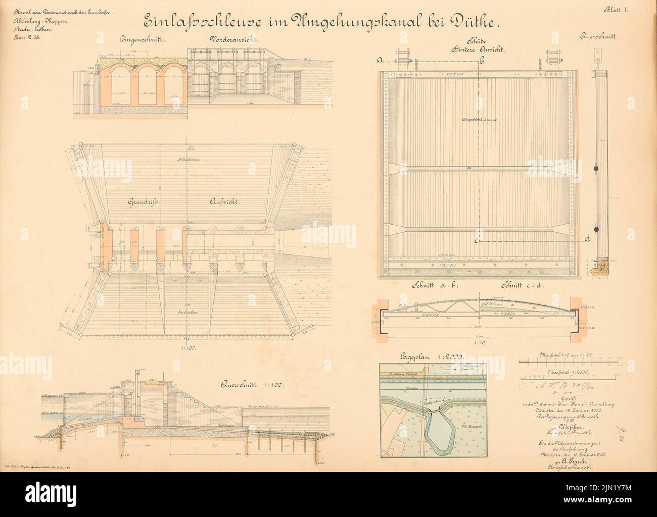 N.N., Dortmund-Ems-Kanal. Einlassschleuse im Bypass-Kanal, Düthe: Abteilungsplan 1: 2000, Ansichten, Grundriß, Schnitte 1: 100, 1:10. Lithographie auf Papier, 50,1 x 69,6 cm (einschließlich Scankanten) N.N. : Dortmund-Ems-Kanal. Einlassschleuse im Umgehungskanal, Düthe Stockfoto