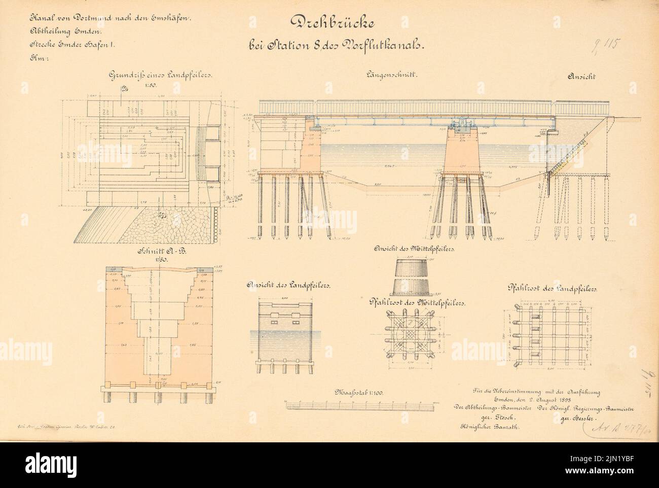 N.N., Dortmund-Ems-Kanal. Drehbrücke bei Stat. 8 des Vorflutkanals, Emden: Ansichten, Grundriß, Schnitte 1: 100, 1:50. Lithographie auf Papier, 33 x 49,3 cm (einschließlich Scankanten) N.N. : Dortmund-Ems-Kanal. Drehbrücke bei Stat. 8 des Vorflutkanals, Emden Stockfoto