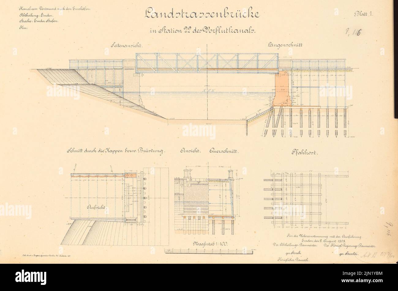 N.N., Dortmund-Ems-Kanal. Straßenbrücke bei Stat. 22 des Vorflutkanals, Emden: Ansichten, Schnitte 1: 100. Lithographie auf Papier, 32,9 x 49,6 cm (einschließlich Scankanten) N.N. : Dortmund-Ems-Kanal. Straßenbrücke bei Stat. 22 des Vorflutkanals, Emden Stockfoto
