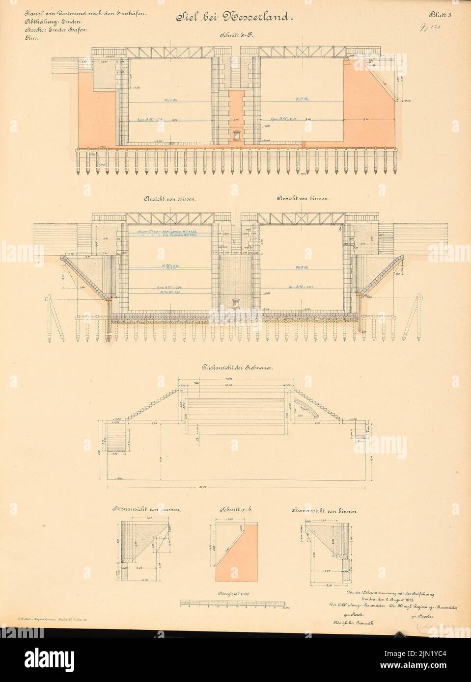 N.N., Dortmund-Ems-Kanal. Nesserlander Siel, Emden: Ansichten, Schnitte 1: 100. Lithographie auf Papier, 67 x 49,4 cm (einschließlich Scankanten) N.N. : Dortmund-Ems-Kanal. Nesserlander Siel, Emden Stockfoto