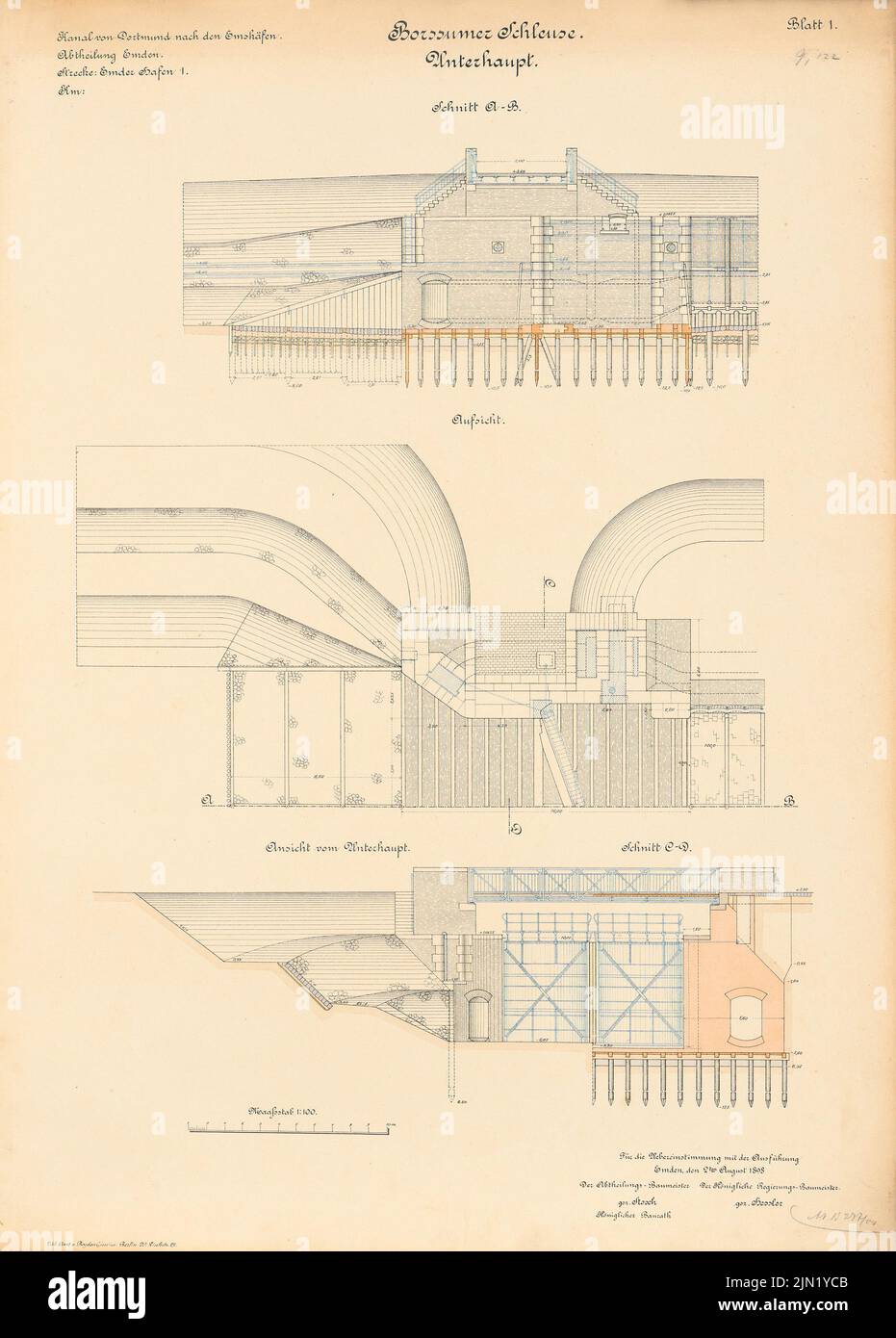 N.N., Dortmund-Ems-Kanal. Schleuse, Borssum: Unterhaupt: Ansicht, Überwachung, Schnitte 1: 100. Lithographie auf Papier, 69,4 x 49,8 cm (einschließlich Scankanten) N.N. : Dortmund-Ems-Kanal. Schleuse, Borssum Stockfoto