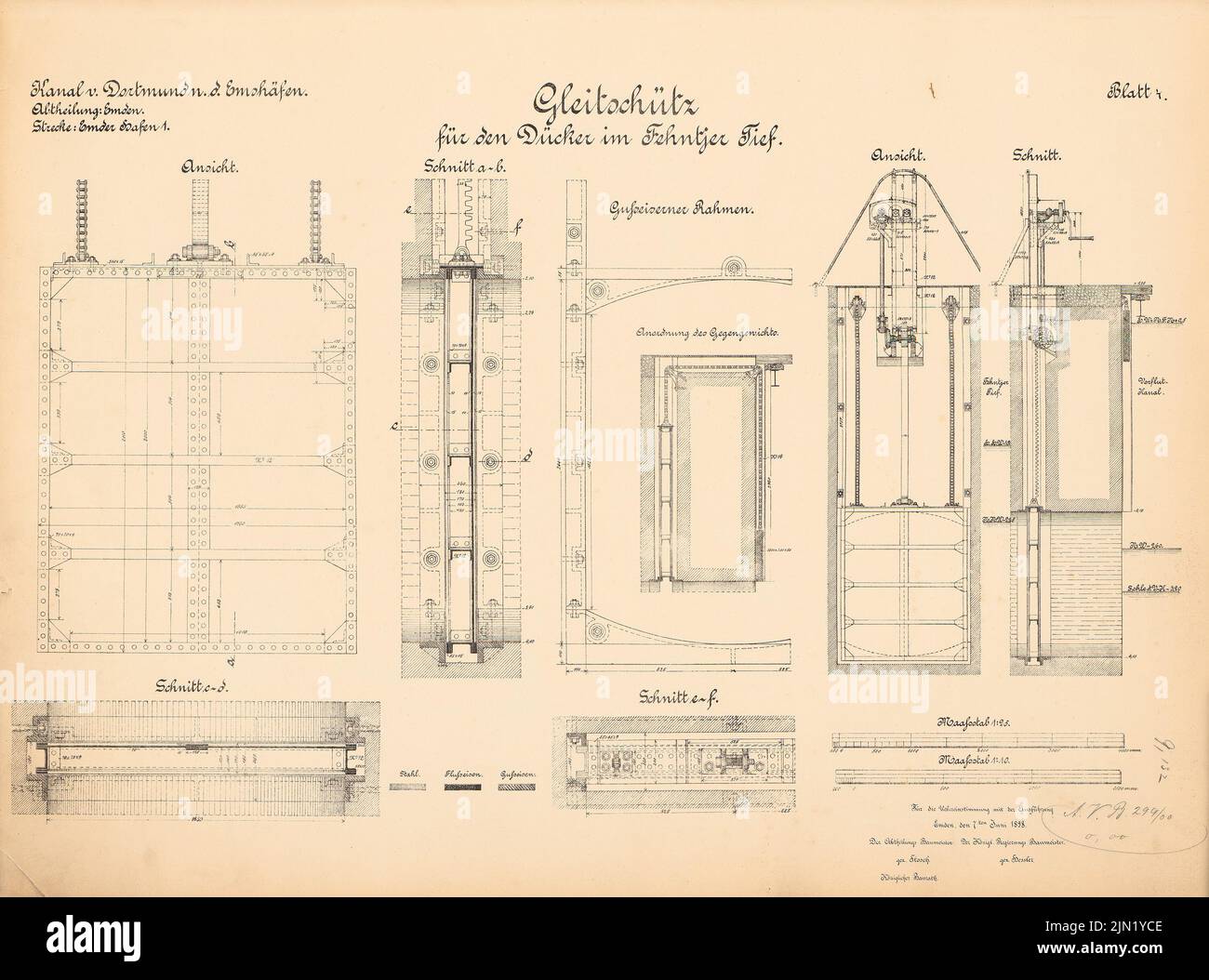 N.N., Dortmund-Ems-Kanal. Düker in der Fehntjer-Tiefe, Emden: Dia-Shot: Ansichten, Schnitte 1:25, 1:10. Lithographie auf Papier, 49,5 x 66,8 cm (einschließlich Scankanten) N.N. : Dortmund-Ems-Kanal. Düker am Fehntjer tief, Emden Stockfoto