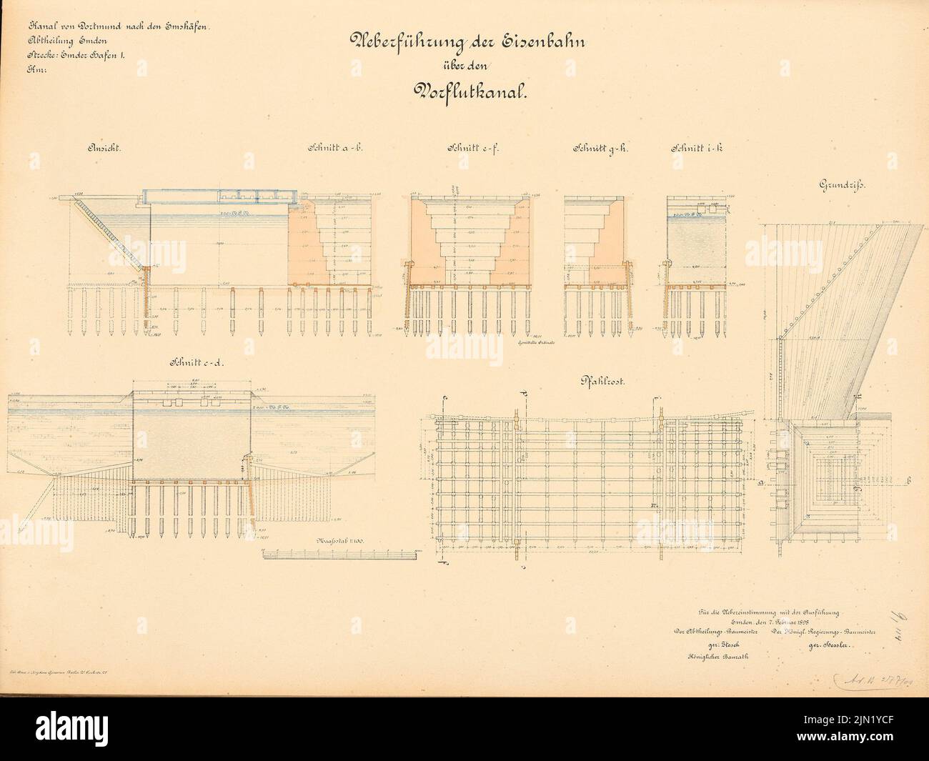 N.N., Dortmund-Ems-Kanal. Eisenbahnbrücke über den Flutkanal, Emden: Ansicht, Grundriß, Schnitte 1: 100. Lithographie auf Papier, 49,8 x 66,3 cm (einschließlich Scankanten) N.N. : Dortmund-Ems-Kanal. Eisenbahnbrücke über den Vorflutkanal, Emden Stockfoto