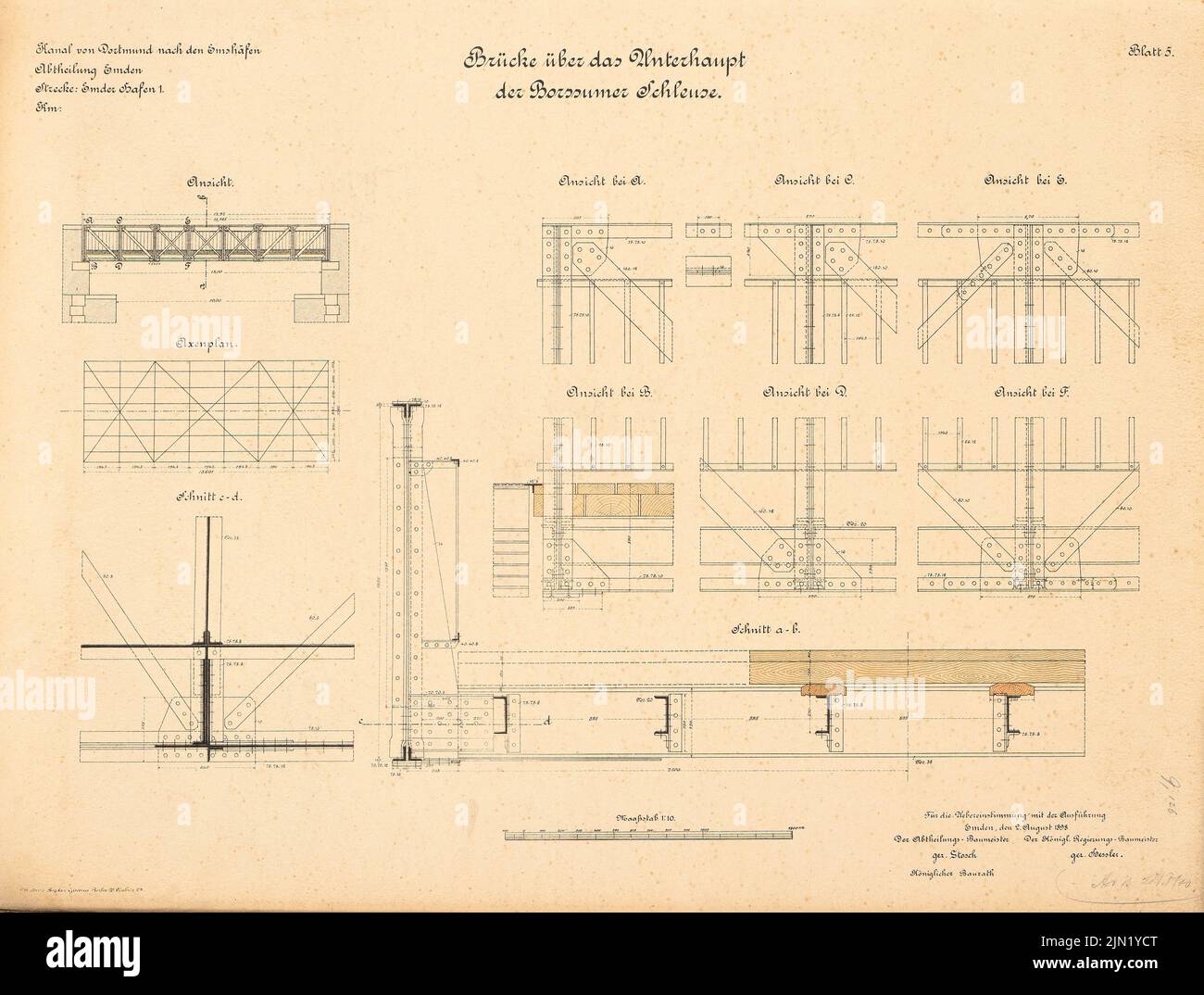 N.N., Dortmund-Ems-Kanal. Schleuse, Borssum: Brücke über die Unterhand: Ansichten, Schnitte 1:10. Lithographie auf Papier, 49,4 x 65,3 cm (einschließlich Scankanten) N.N. : Dortmund-Ems-Kanal. Schleuse, Borssum Stockfoto