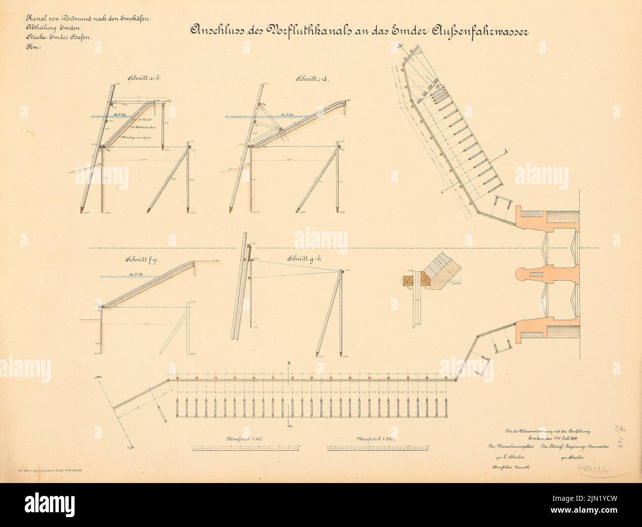 N.N., Dortmund-Ems-Kanal. Anschluss des Vorflutkanals an die äußere Fahrrinne, Emden: Schnitte 1: 250, 1: 100. Lithographie auf Papier, 49,3 x 65,5 cm (einschließlich Scankanten) N.N. : Dortmund-Ems-Kanal. Anschluss des Vorflutkanals an das Außenfahrwasser, Emden Stockfoto