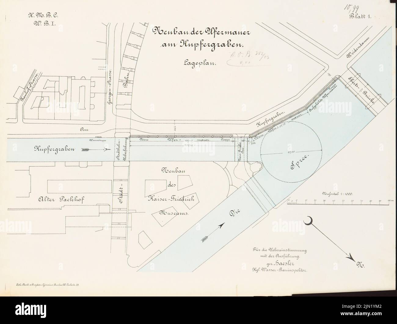 N.N., Bankwand am Kupfergraben, Berlin: Lageplan 1: 1000. Lithographie auf Papier, 31,9 x 42,7 cm (einschließlich Scankanten) N.N. : Ufermauer am Kupfergraben, Berlin Stockfoto