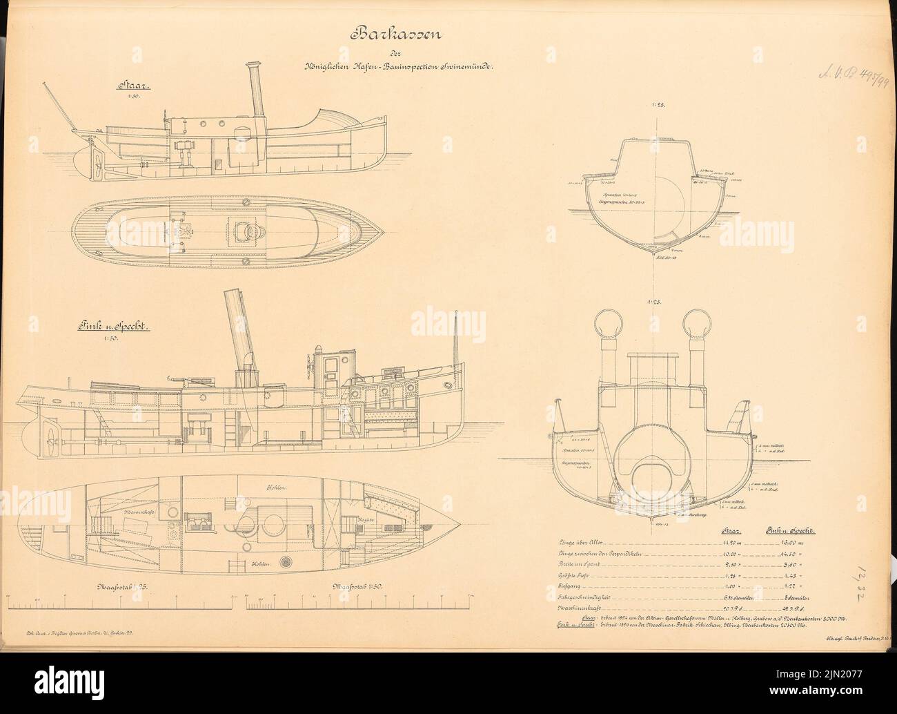 N.N., Barkassen der Hafenbauinspektion, Swinemünde: Staar, Fink und Specht: Cuts 1:50, 1:25. Lithographie auf Papier, 45,9 x 63,1 cm (einschließlich Scankanten) N.N. : Barkassen der Hafenbauinspektion, Swinemünde Stockfoto