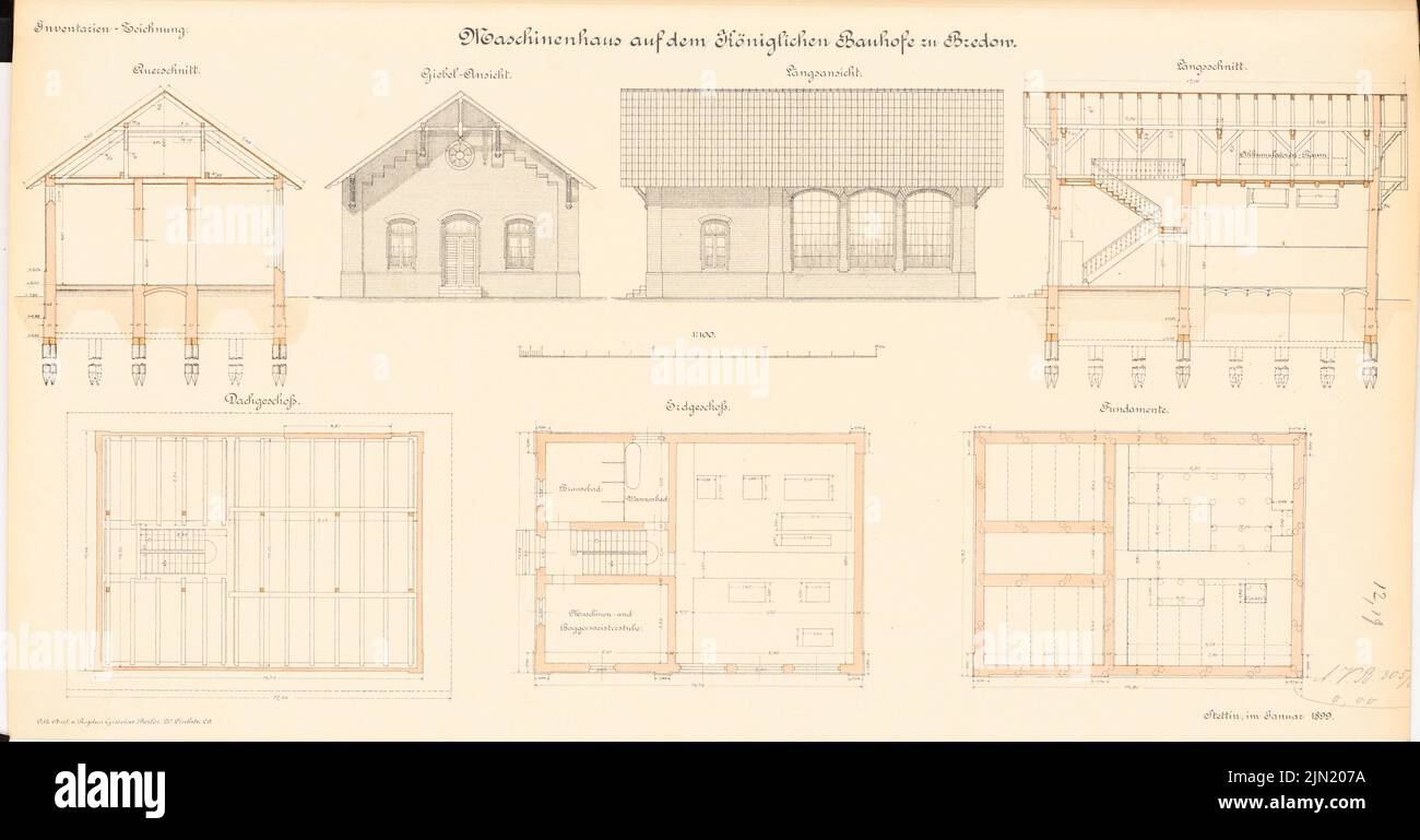 N.N., Bauhof Bredow, Stettin: Maschinenhaus: Ansichten, Grundrisse, Schnitte 1: 100. Lithographie auf Papier, 32,9 x 63 cm (einschließlich Scankanten) N.N. : Bauhof Bredow, Stettin Stockfoto