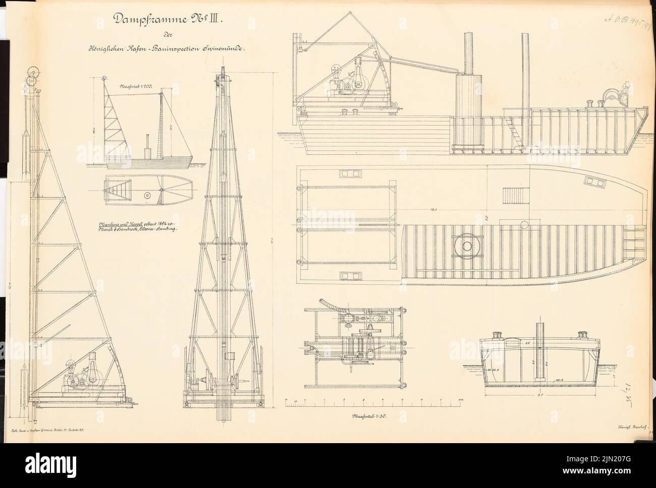 N.N., Dampframm Nr. III der Hafenbauinspektion, Swinemünde: Cuts 1: 200, 1:50. Lithographie auf Papier, 44,8 x 66,2 cm (einschließlich Scankanten) N.N. : Dampfframme Nr. III der Hafenbauinspektion, Swinemünde Stockfoto