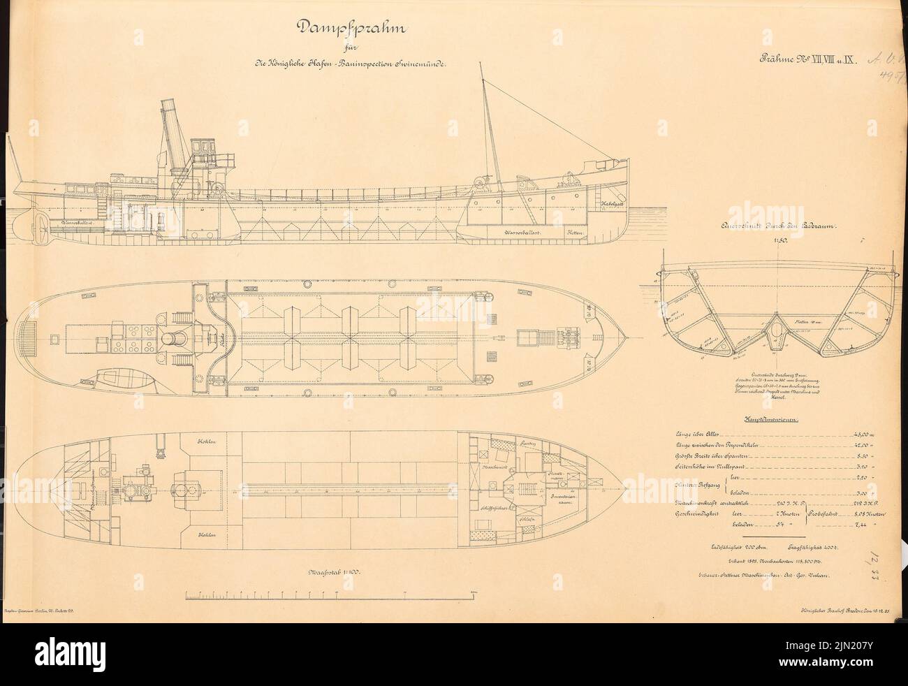 N.N., Dampflager der Hafenbauinspektion, Swinemünde: Schnitte 1: 100, 1:50. Lithographie auf Papier, 44,7 x 65,1 cm (einschließlich Scankanten) N.N. : Dampfprahm der Hafenbauinspektion, Swinemünde Stockfoto