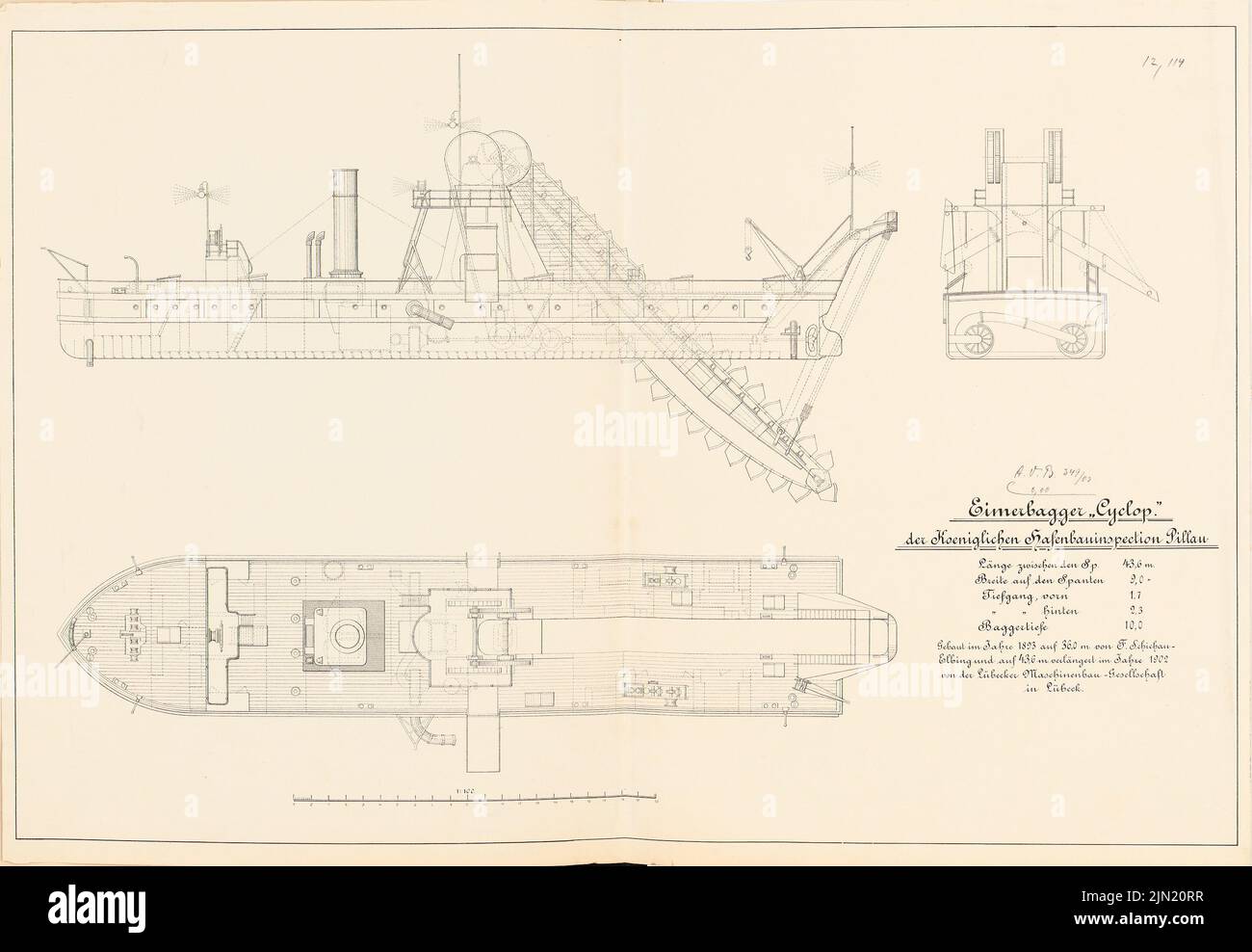 N.N., Schaufelbagger »Cyclop« der Hafenbauinspektion, Pillau: Cuts 1: 100. Lithographie auf Papier, 48,8 x 70,6 cm (einschließlich Scankanten) N.N. : Eimerbagger »Cyclop« der Hafenbauinspektion, Pillau Stockfoto
