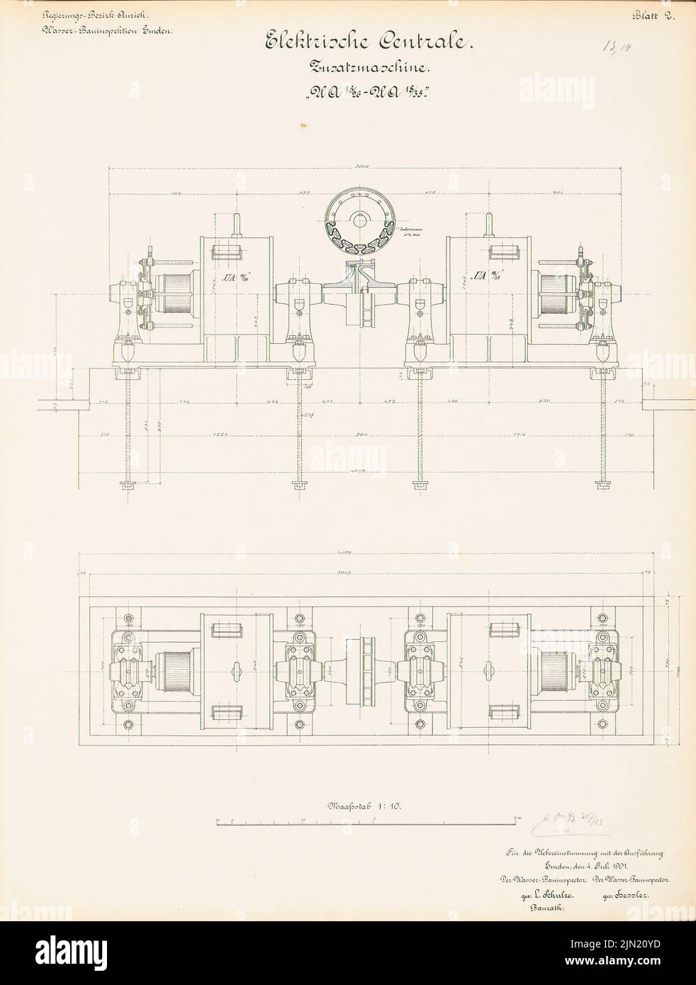 N.N., Elektrische Zentrale der hydraulischen Inspektion, Emden: Zusätzliche Maschine: Schnitte 1:10. Lithographie auf Karton, 65 x 49,2 cm (inklusive Scankanten) N.N. : Elektrische Zentrale der Wasserbauinspektion, Emden Stockfoto