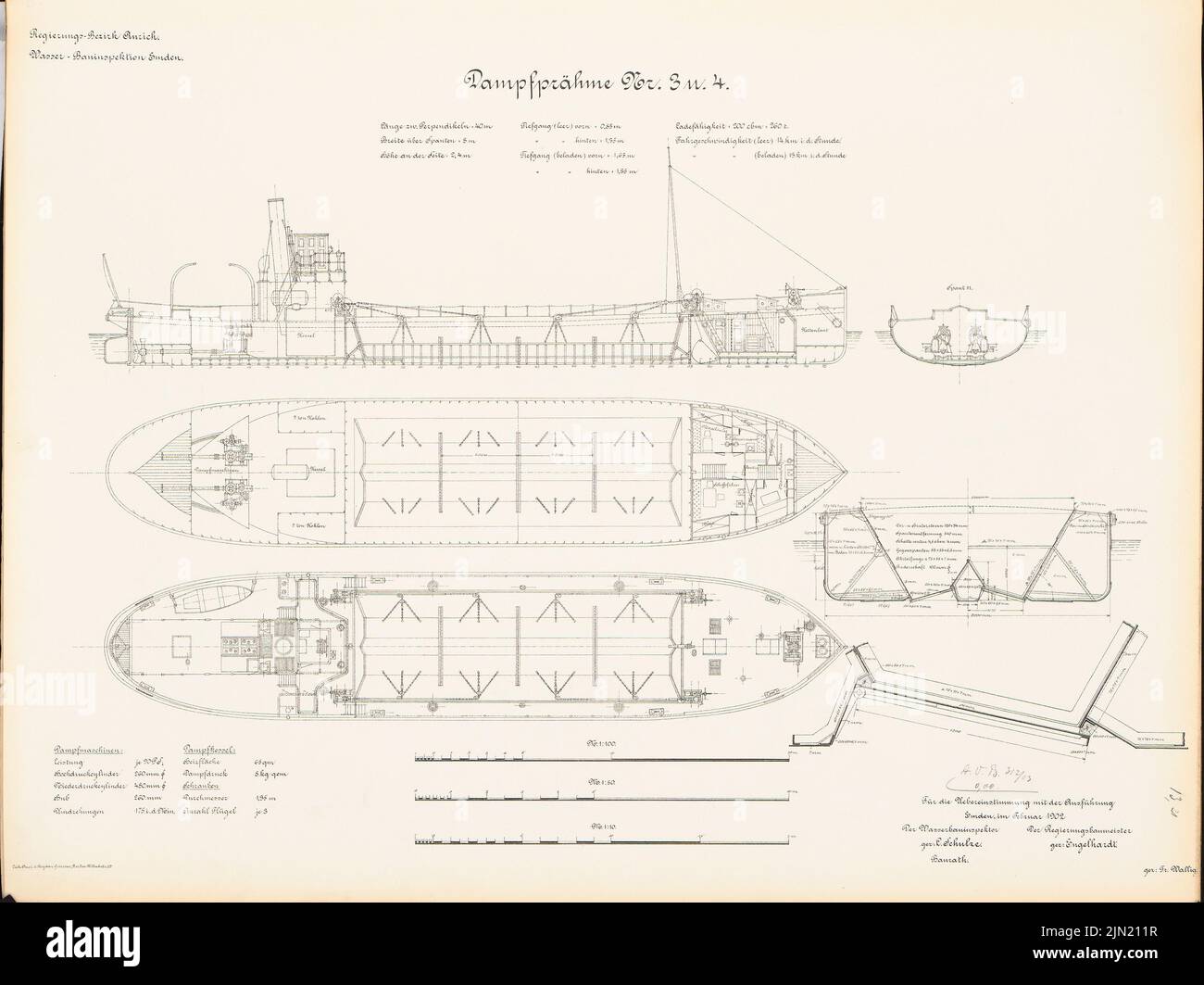 N.N., dampfend aus dem NR 3 und 4 der hydraulischen Inspektion, Emden: Cuts 1: 100, 1:50, 1:10. Lithographie auf Karton, 49,5 x 66,1 cm (einschließlich Scankanten) N.N. : Dampfprähme Nr. 3 und 4 der Wasserbauinspektion, Emden Stockfoto