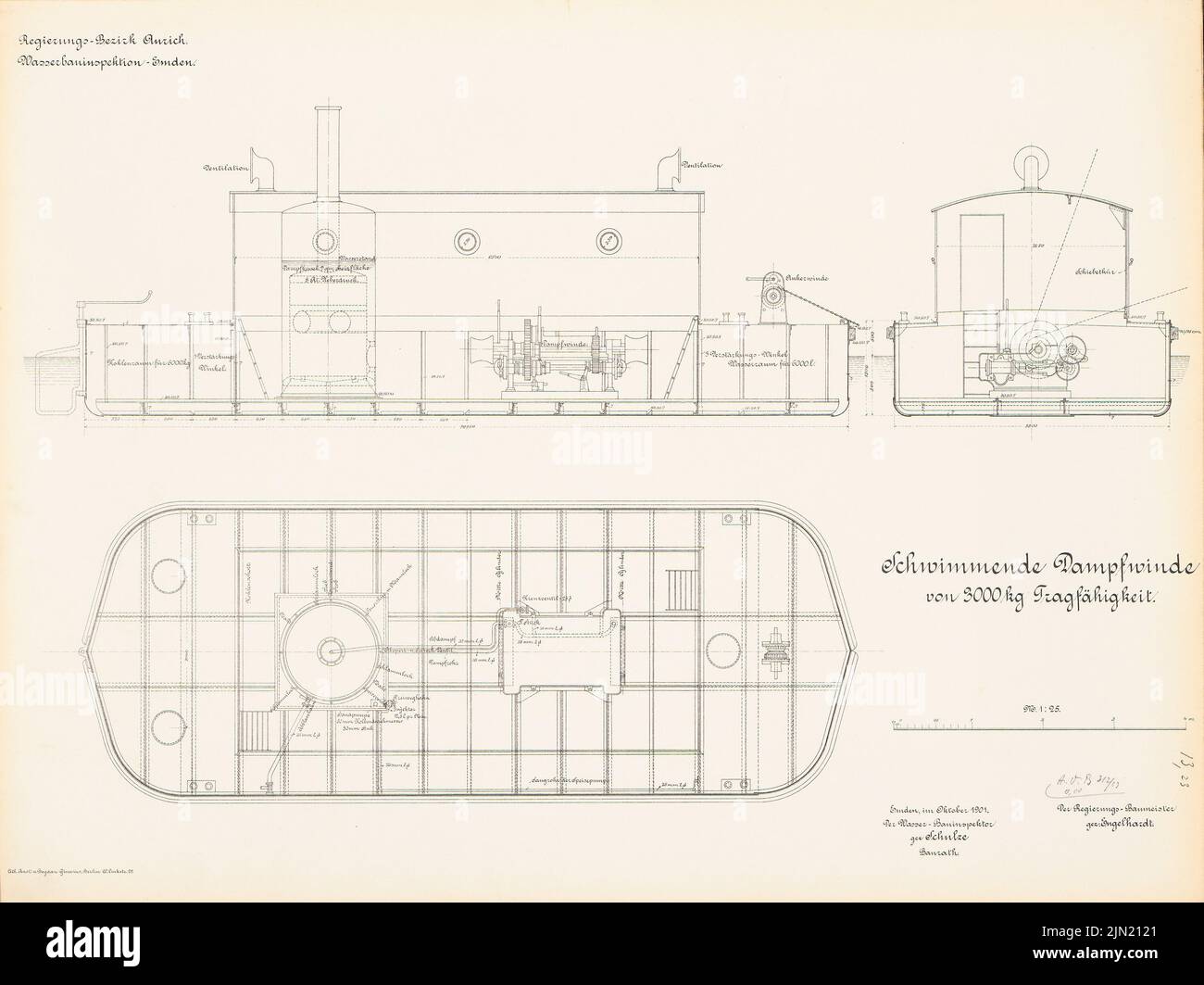 N.N., schwimmende Dampfwinde der hydraulischen Inspektion, Emden: 3000 kg Tragfähigkeit: Schnitte 1:25. Lithographie auf Karton, 49,1 x 65,6 cm (einschließlich Scankanten) N.N. : Schwimmende Dampfwinde der Wasserbauinspektion, Emden Stockfoto