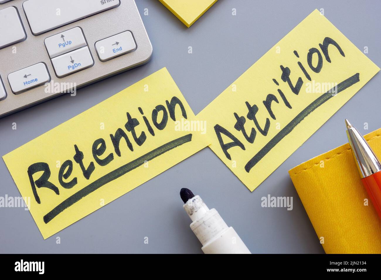 Papierstücke mit den Worten „Retention“ und „Attrition“. Stockfoto