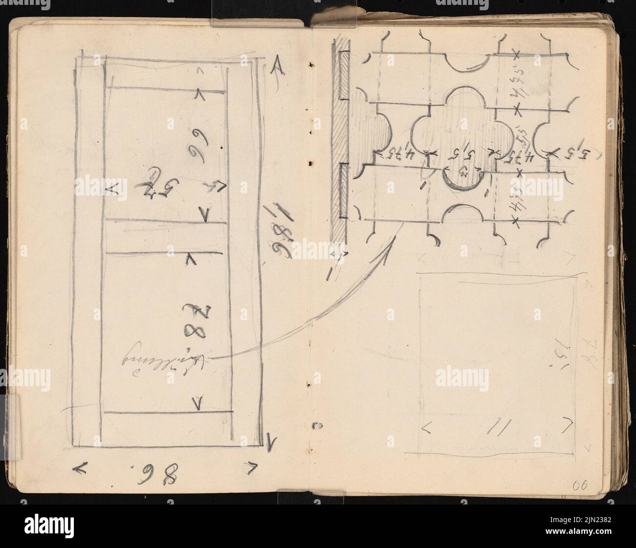 Lehmstübner Paul (1855-1916), Skizzenbuch: Handskizzen von 1885 (1885): Türfüllung (?). Bleistift auf Papier, 17,4 x 21,9 cm (inklusive Scan-Kanten) Lehmstübner Paul (1855-1916): Skizzenbuch: Handszenen von 1885 Stockfoto